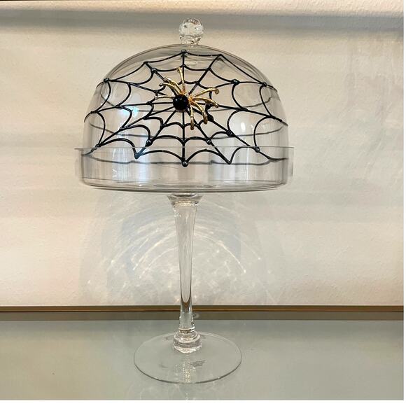 Gorgeous Halloween Glass Cloche 15in Jeweled Spider on Web Cake Dome Pedestal - Picture 10 of 10